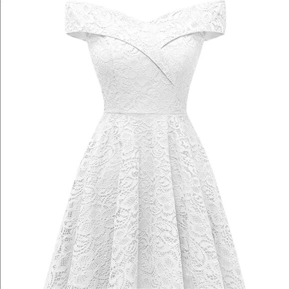 HomRain Elegant Lace Floral Wedding Guest Off The Shoulder High Low Dress - Picture 3 of 16